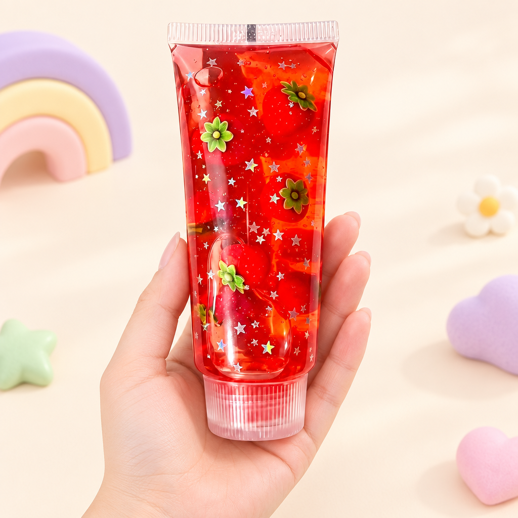 Goo Tube Cherry squishy by Mimomo - in hand for size