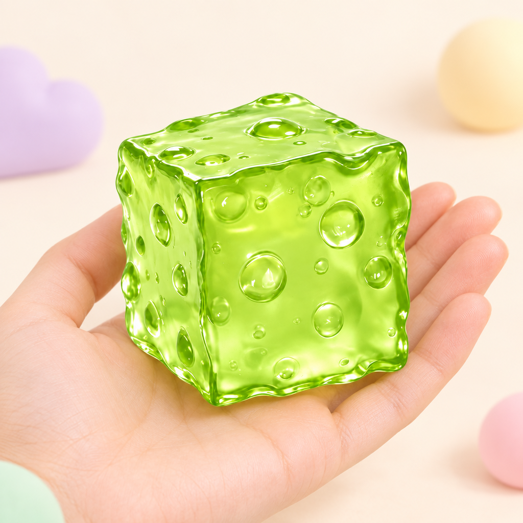 Cubie Lime squishy by Mimomo - in hand for size